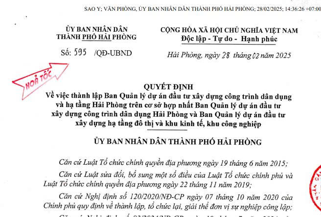Quyết định về việc thành lập Ban Quản lý dự án đầu tư xây dựng các công trình dân dụng và hạ tầng Hải Phòng